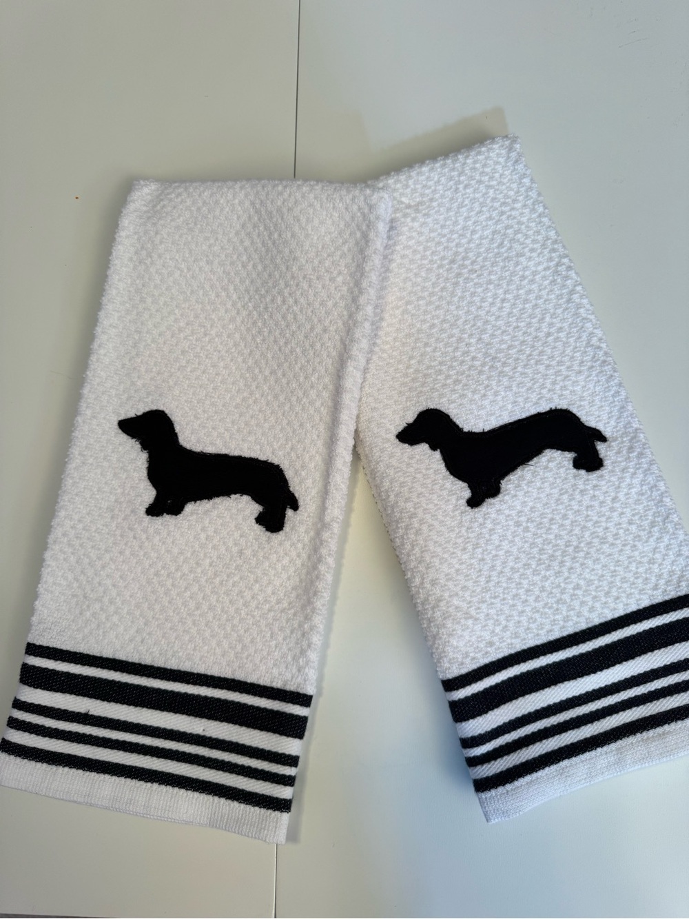 White Embroidered Kitchen Towels with Black Dachshund NEW Made to order stripe - Picture 2 of 4